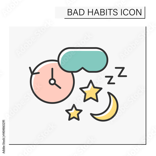 Sleep addiction color icon. Obsession with sleeping or have an intense desire to stay in bed. Clinomania.Bad habits concept. Isolated vector illustration