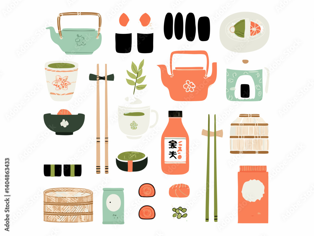 Japanese Tea Ceremony Set: A delightful collection of hand-drawn illustrations showcasing various elements of a traditional Japanese tea ceremony, including teapots, cups, bowls, chopsticks, sushi.