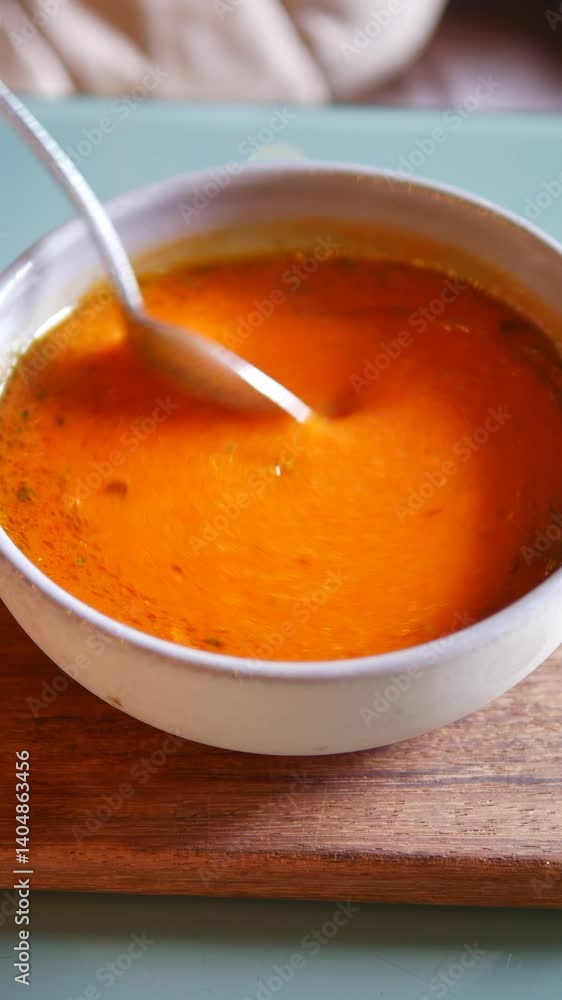 Delicious homemade soup being stirred in a cozy kitchen Delicious homemade soup being stirred in a cozy kitchen