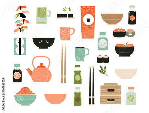 Delights of the East: A collection of vibrant illustrations showcases the artful presentation of japanese cuisine. From sushi and tea to bowls and chopsticks.