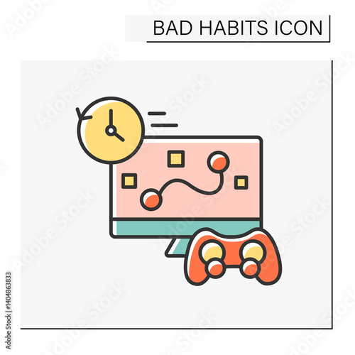 Addiction color icon. Uncontrolled game playing. Game online shooting games whole night.Bad habits concept. Isolated vector illustration