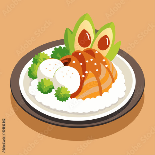 A plate of food with rice, meat, and vegetables. The plate is on a table. The food looks delicious and appetizing