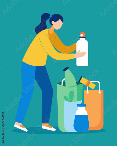 A person using a reusable water bottle and cloth bags eliminating singleuse plastics and reducing waste emissions.. Vector illustration