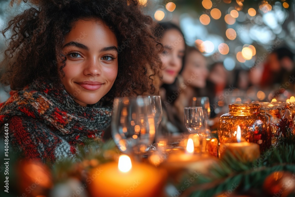 Multigenerational family gathered around a holiday table, with candles and festive decor, sharing stories and enjoying the meal Multigenerational family gathered around a holiday table, with candles and festive decor, sharing stories and enjoying the meal