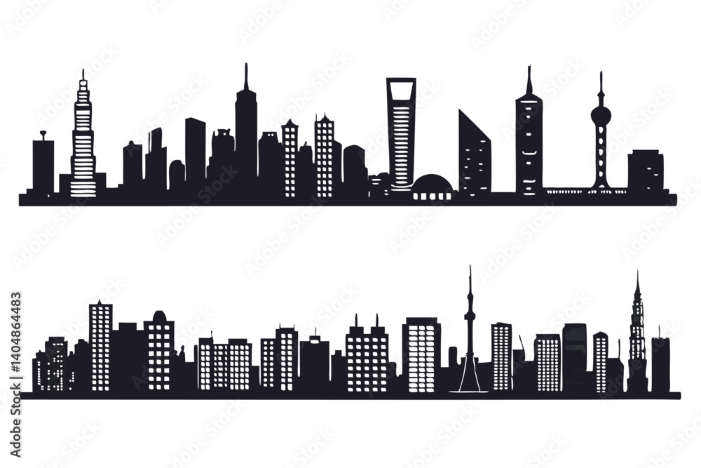 Fototapeta premium City Silhouette Vector Set - Urban Skyline Panorama & Border Collection