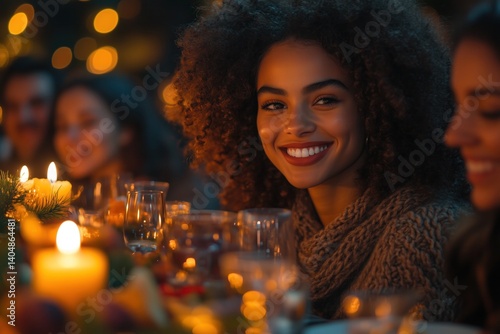 Multigenerational family gathered around a holiday table, with candles and festive decor, sharing stories and enjoying the meal 