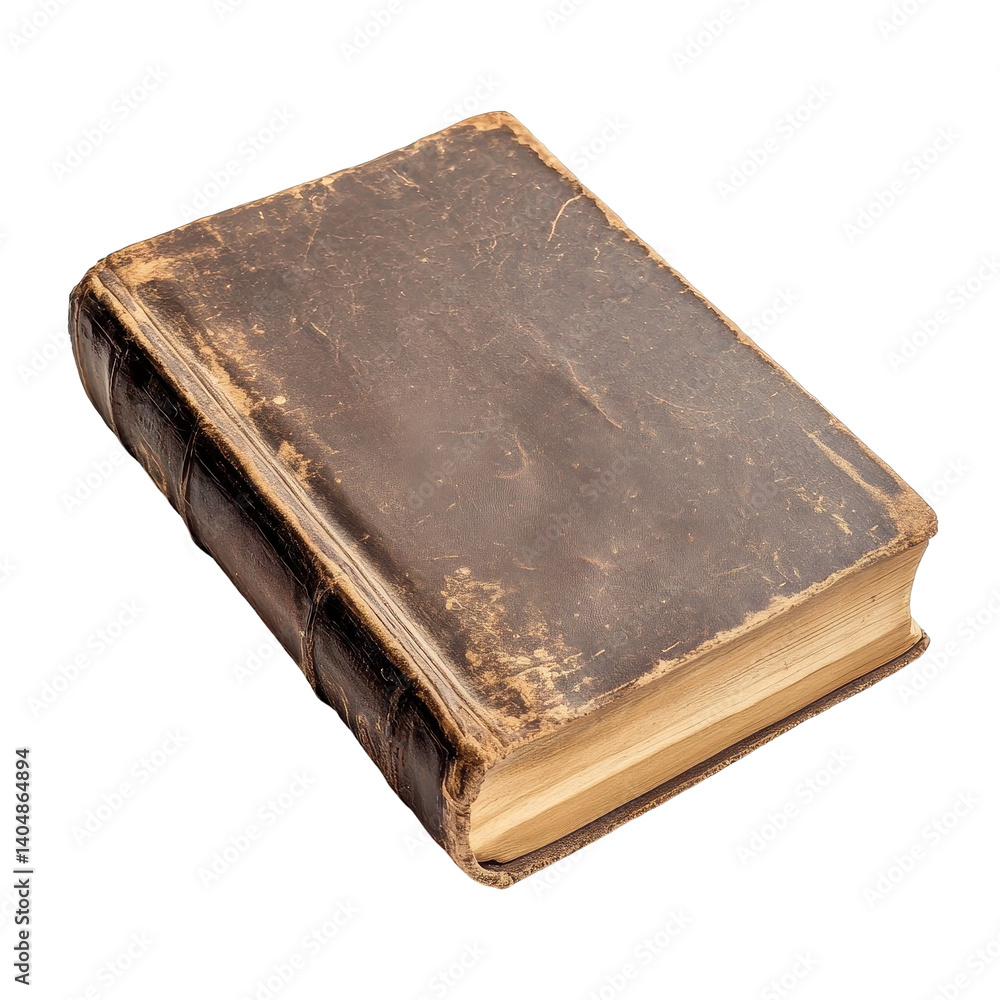 Old leather bound book resting on a white surface showcasing its vintage charm and weathered texture, old book with a leather cover on a white surface, Transparent background Old leather bound book resting on a white surface showcasing its vintage charm and weathered texture, old book with a leather cover on a white surface, Transparent background