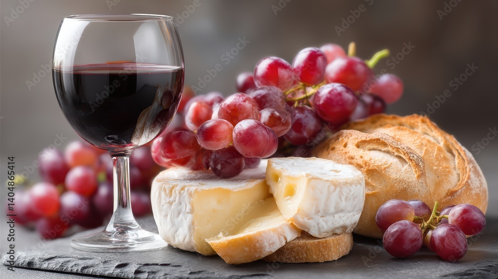 Moody still life of wine, brie, and grapes with rich depth and texture Moody still life of wine, brie, and grapes with rich depth and texture