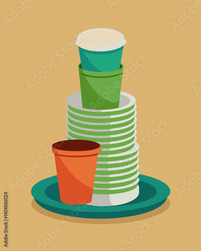 A stack of biodegradable paper plates and cups made from recycled materials for a guiltfree barbecue party.. Vector illustration
