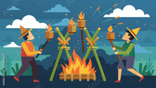 Two men are holding torches and standing near a fire. One of the men is wearing a hat