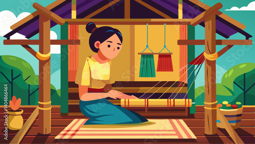 A woman sits on the floor weaving a piece of cloth. The scene is set in a rural area with a wooden structure in the background. The woman is focused on her work