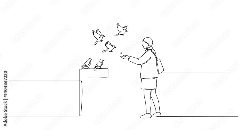 Person feeding birds in a minimalistic outline style Person feeding birds in a minimalistic outline style