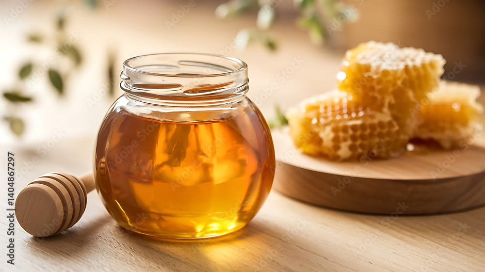 Delicious Honey in a Jar with Honeycomb Delicious Honey in a Jar with Honeycomb
