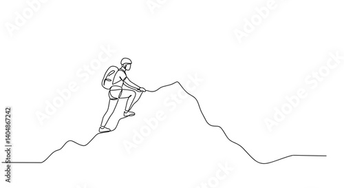 Hiker climbing mountain peak in minimalist line art