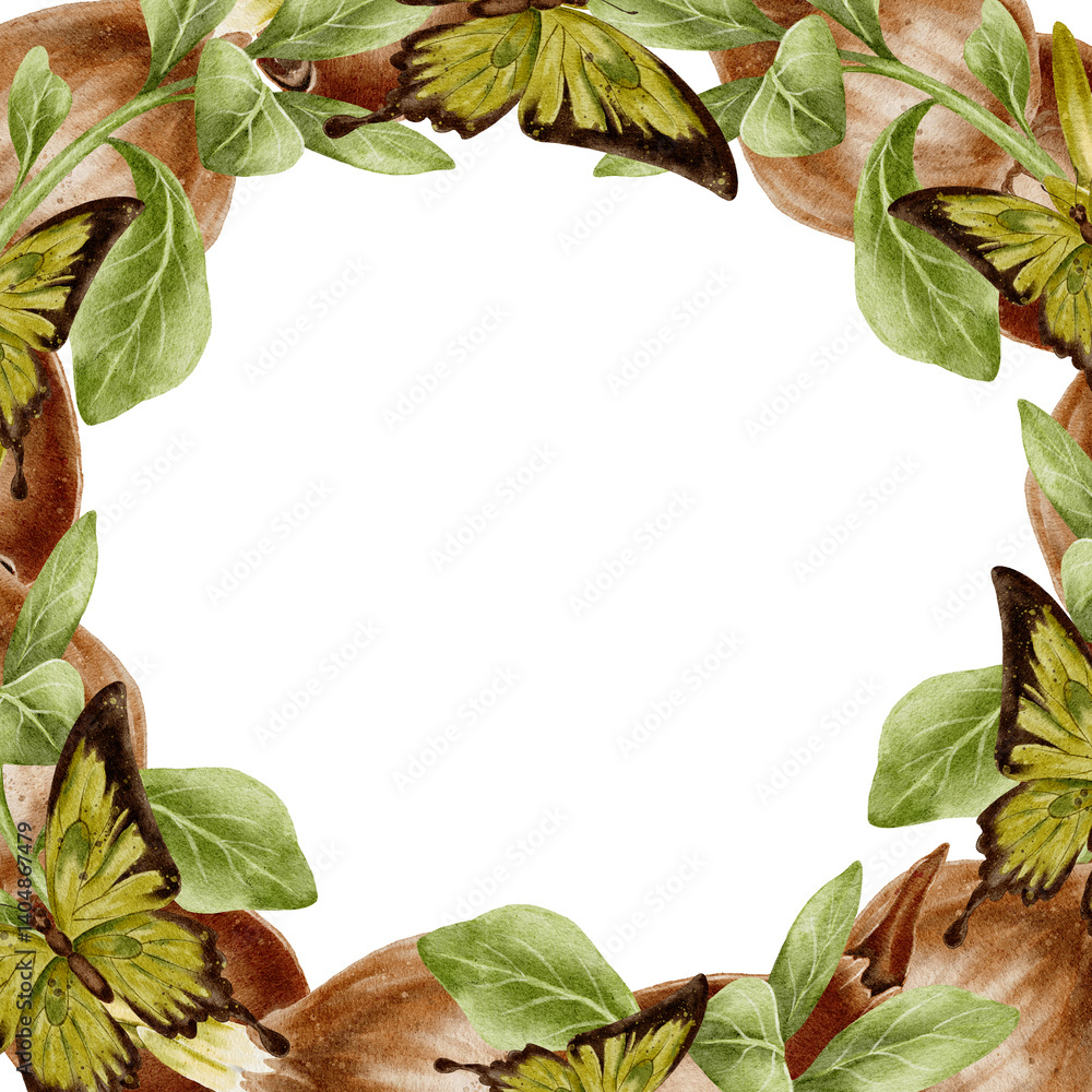 Naklejka premium Flower bulb with green leaves and bud and sprout and butterfly frame. Watercolor illustration is suitable for topics related to ecology, gardening, nature. Onions, a spice for cooking.