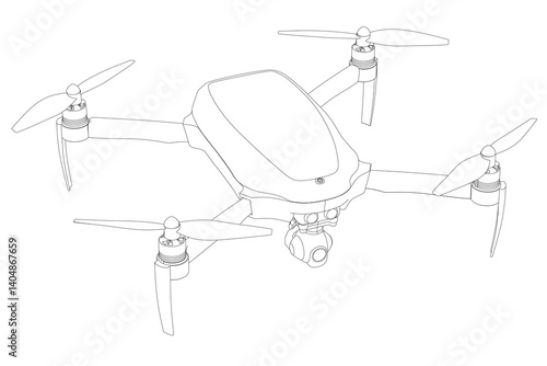 A black and white drawing of a drone. The drone is sitting on the ground with its propellers up