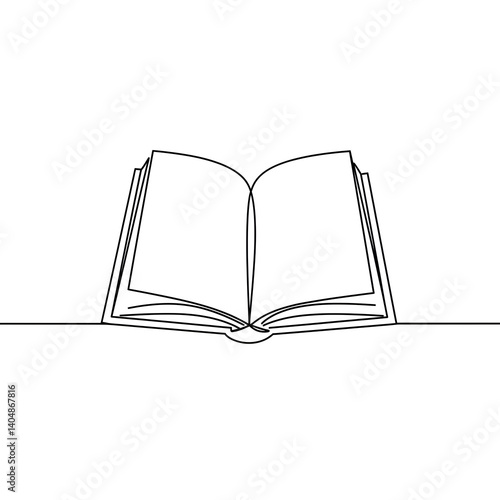 Minimalist continuous line drawing of an open book on a white background