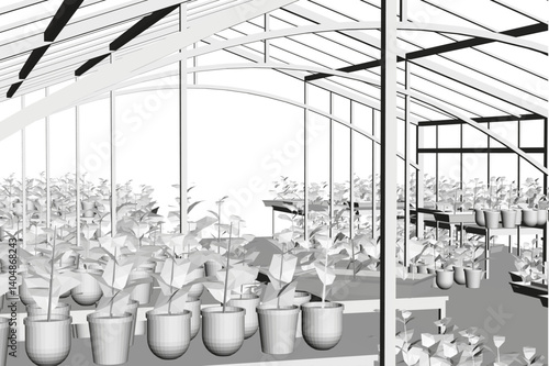 A greenhouse filled with plants and potted plants. The plants are arranged in rows and are of various sizes. 3D