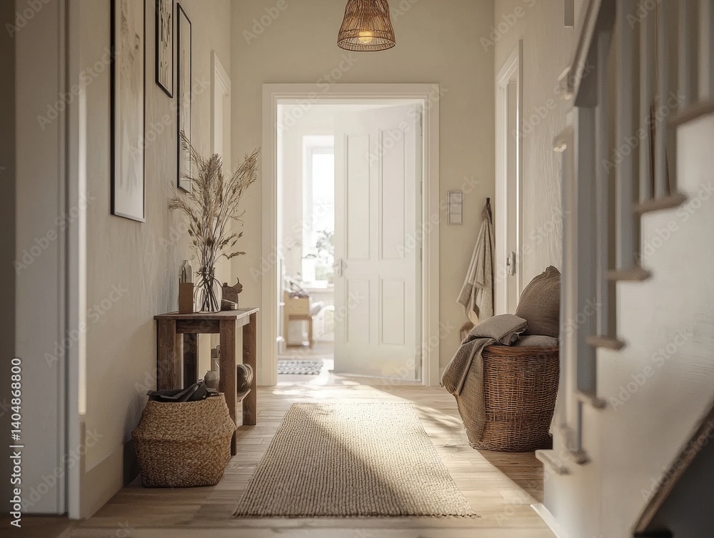 Fototapeta premium Inviting foyer showcasing warm, neutral tones and rustic accents, creating a cozy and welcoming atmosphere in a well-lit home.