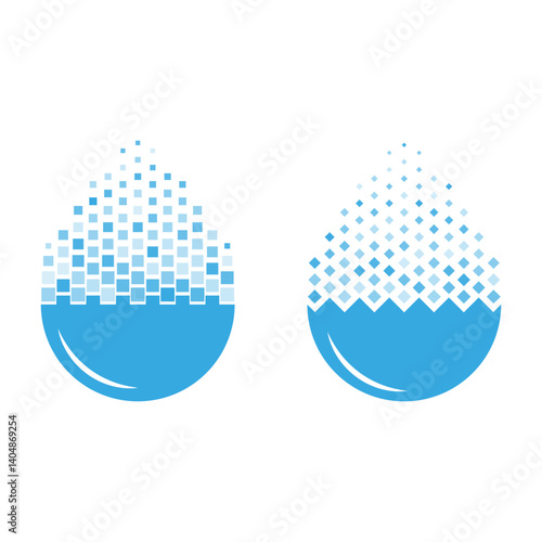 Water drop logo set with pixel dispersion effect representing clean technology, smart purification, digital tech fluid systems, and innovative environmental solutions.
