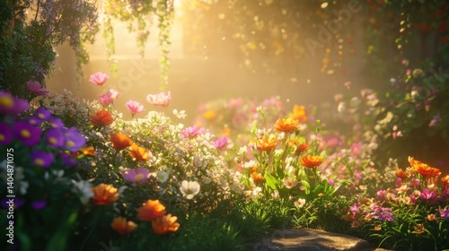 Sunlit floral profusion casting a golden glow over a tranquil garden scene