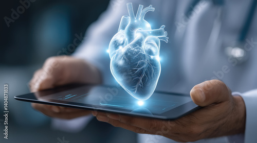 A doctor holds a glowing heart holographic in their hands. The concept of advanced medical technology, cardiology innovation, and digital healthcare solutions. Generative AI.