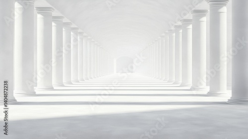 A long corridor with white columns and a high ceiling.