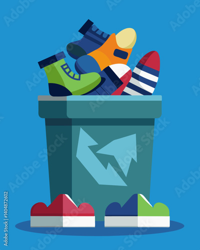 A pile of mismatched socks and wornout shoes in a dumpster symbolizes the disregard for quality and longevity in the fast fashion industry.. Vector illustration