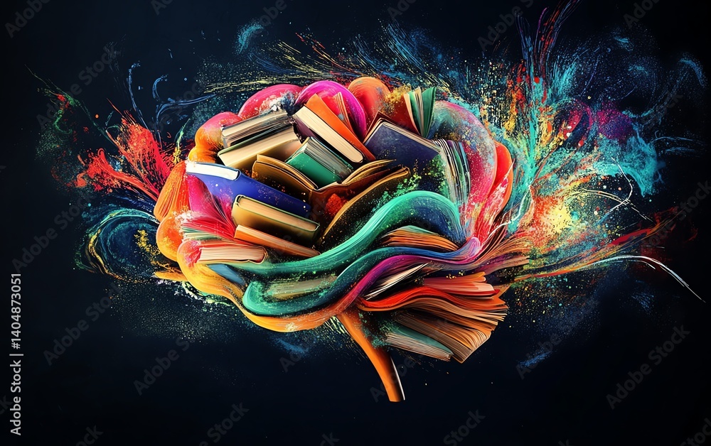 Artistic abstract brain with books and creative symbols of learning and emotional growth, representing contemplation and innovation, colorful, modern design, ultraHD