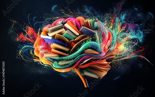 Obraz na płótnie Artistic abstract brain with books and creative symbols of learning and emotional growth, representing contemplation and innovation, colorful, modern design, ultraHD w salonie