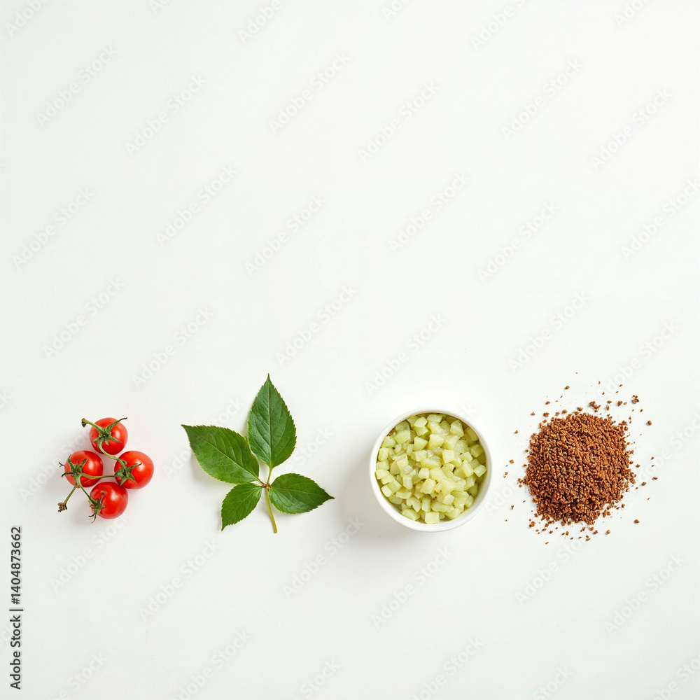 Minimalistic flat lay of healthy vegan meal on a white background, with copy space, clean and modern aesthetic