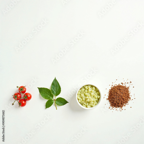Minimalistic flat lay of healthy vegan meal on a white background, with copy space, clean and modern aesthetic