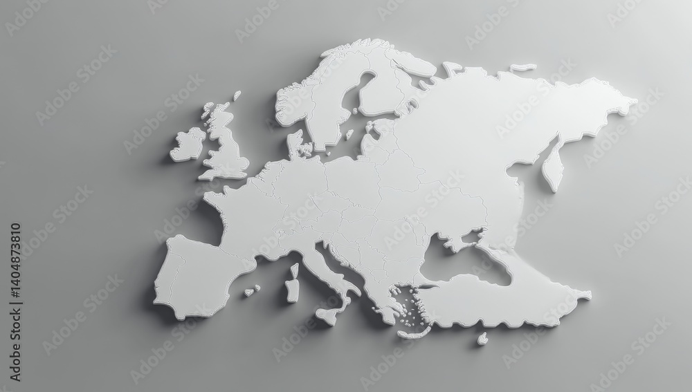 3D map of Europe and Eurasia. Detailed, light gray relief map of the continent of Europe and Eurasia 3D map of Europe and Eurasia. Detailed, light gray relief map of the continent of Europe and Eurasia