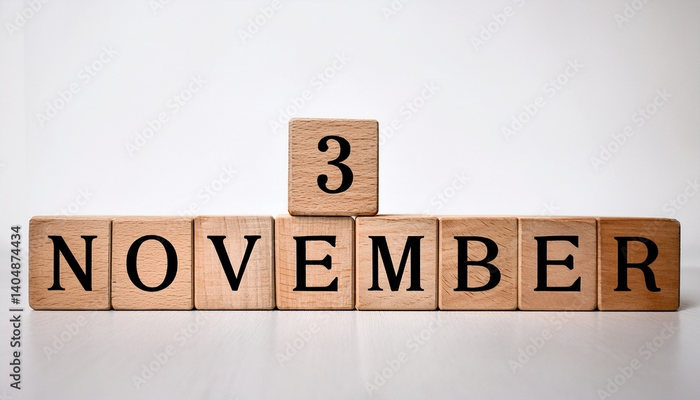 Fototapeta premium Minimalist photo of wooden blocks with date 3 November. Day and month, calendar on white background