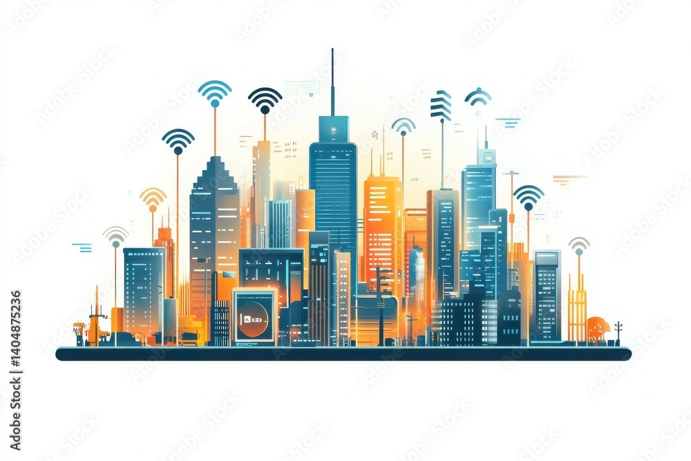 Obraz premium Smart City Wireless Network Skyline Technology Digital Future Urban