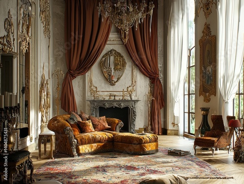 Opulent living room with fireplace, elaborate decor, and luxurious furniture evoking classical elegance and grandeur.