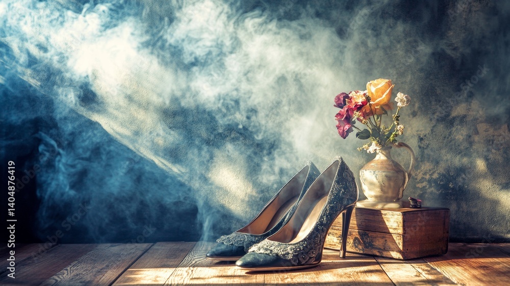 Elegant still life with high heels and flowers in moody lighting Elegant still life with high heels and flowers in moody lighting