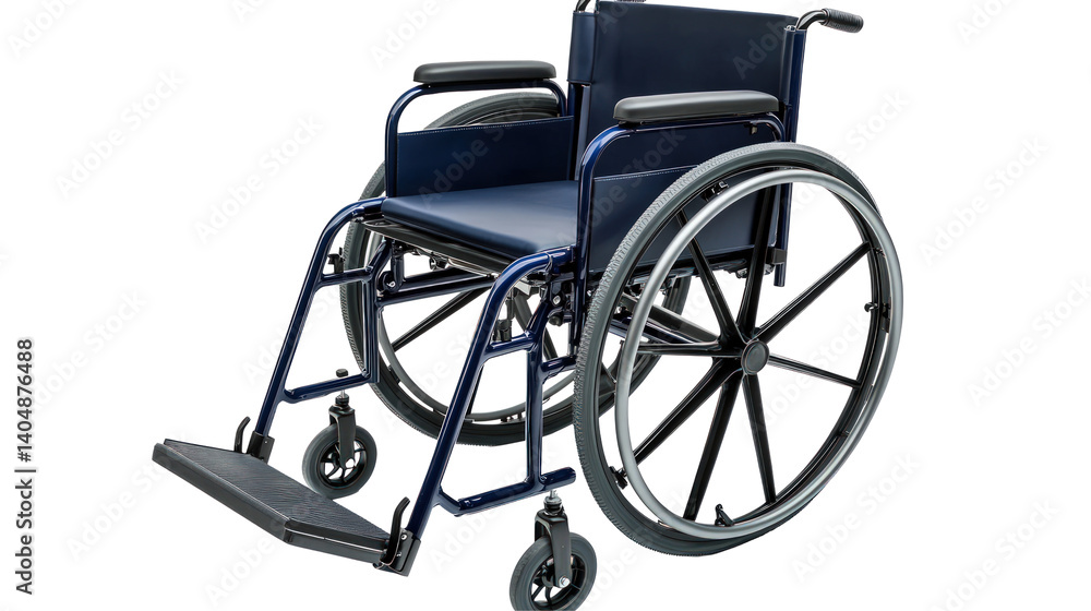 Fototapeta premium A blue wheelchair positioned in an open space, symbolizing mobility and independence, with a serene background