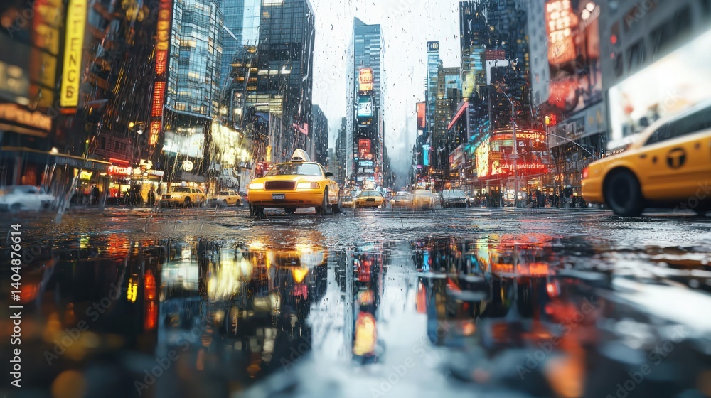 Fototapeta premium Rainy Day in NYC: Times Square Reflection