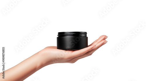 A close-up of a hand holding a sleek black jar against a clean background, ideal for cosmetic or skincare product promotion