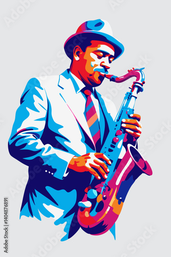 Stylish male saxophonist playing his instrument in a vibrant pop art style for International Jazz Day