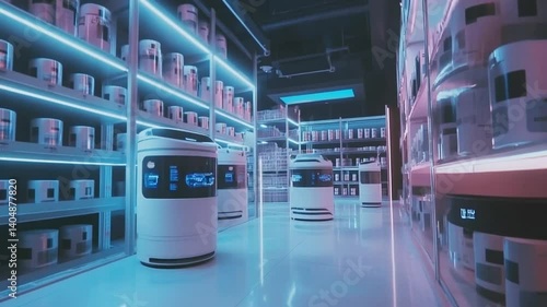 Futuristic warehouse with automated robots navigating shelves, modern inventory process