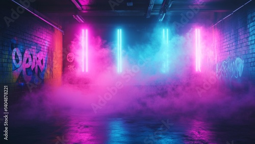 Fototapeta Naklejka Na Ścianę i Meble -  Neon-lit underground tunnel with graffiti and fog