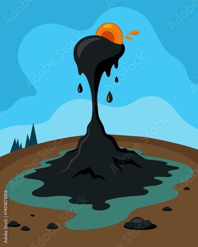 A thick dark liquid oozing out of a landfill leaving behind a trail of destruction as it seeps into the ground.. Vector illustration