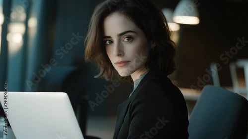 Confident businesswoman working on laptop in modern office, looking at camera
