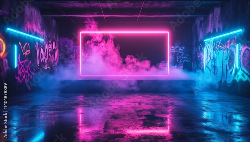 Fototapeta Naklejka Na Ścianę i Meble -  Neon-lit, smoky, graffiti-covered interior