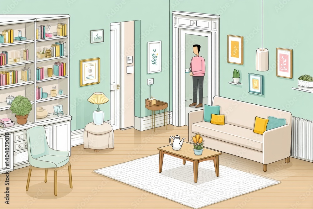 Fototapeta premium A train arriving into a living room as a person calmly makes tea