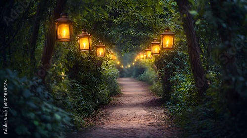 A mystical forest path lit by soft glowing lanterns guiding the way to a new adventure