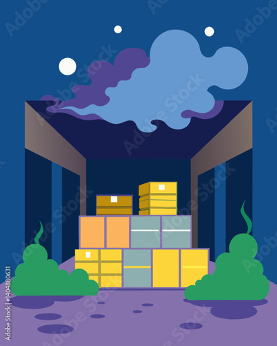 The air was heavy with the musty smell of old inventory as if the warehouse had been holding its breath for far too long.. Vector illustration
