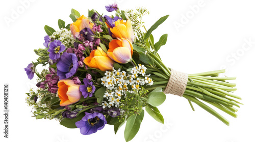 Fototapeta Naklejka Na Ścianę i Meble -  A vibrant bouquet of mixed flowers including tulips and pansies, beautifully arranged for a spring celebration